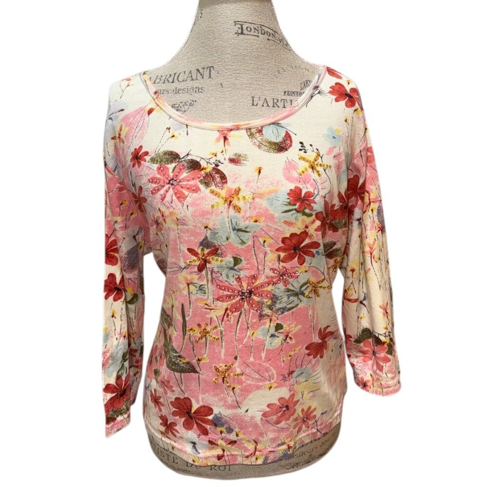 Take Two Vintage Pink Yellow & Blue Fun Floral Beaded 100% Cotton Top Women's XL
